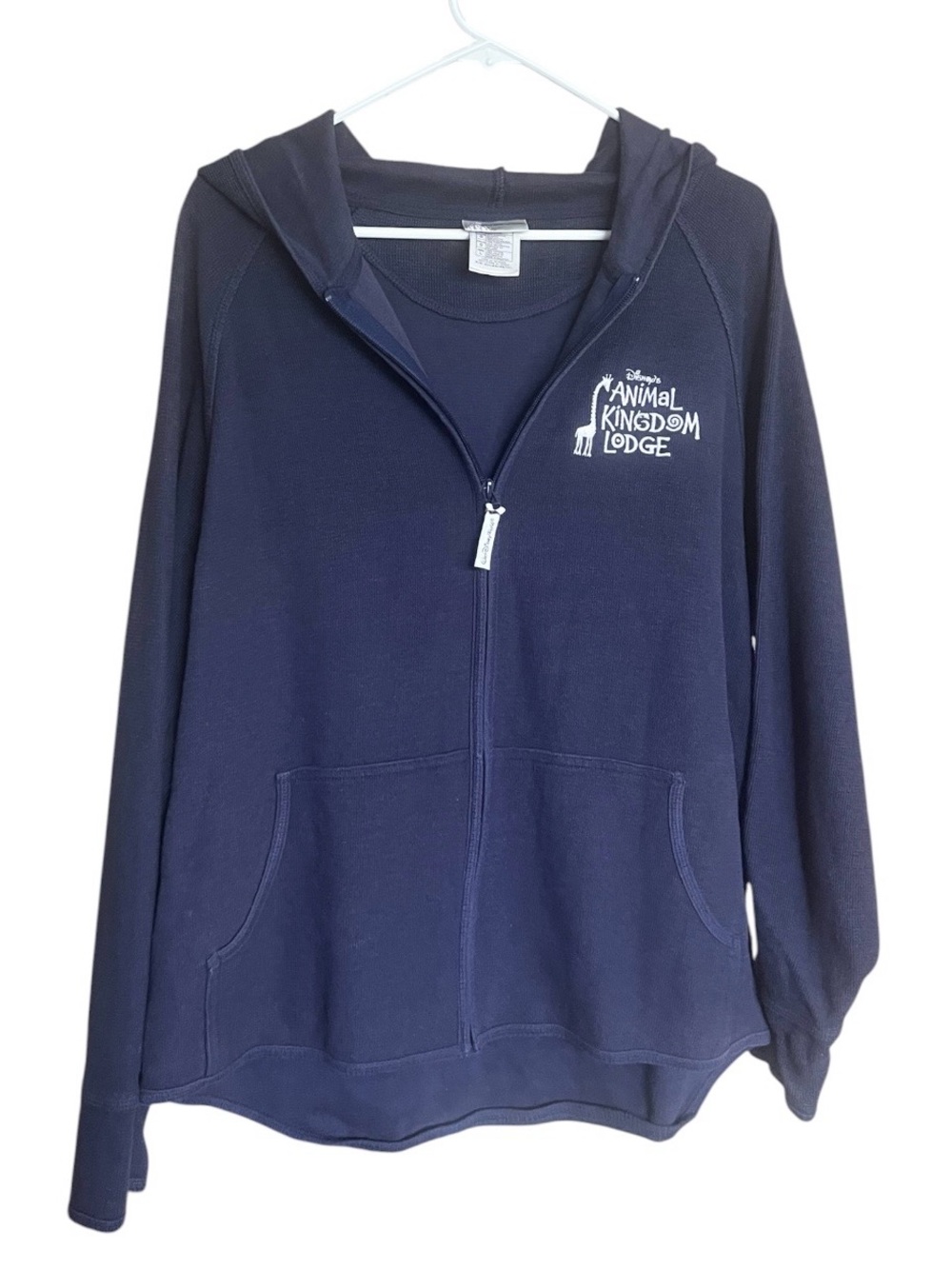 Disney Y2K Animal Kingdom Lodge Thermal Zip Up Hoodie VTG Pockets Vacay Blue LRG